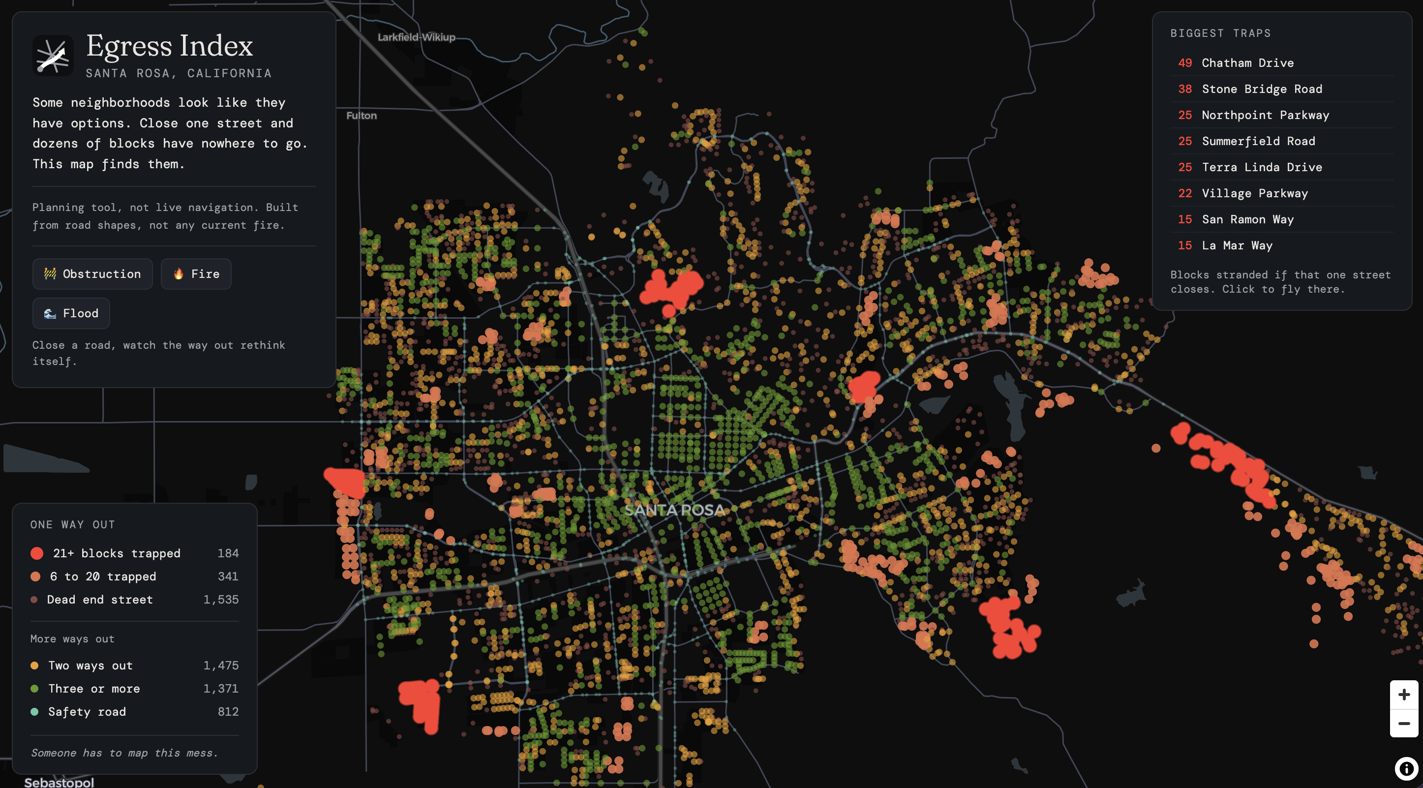 Egress Index: single-egress intersections in Santa Rosa, California