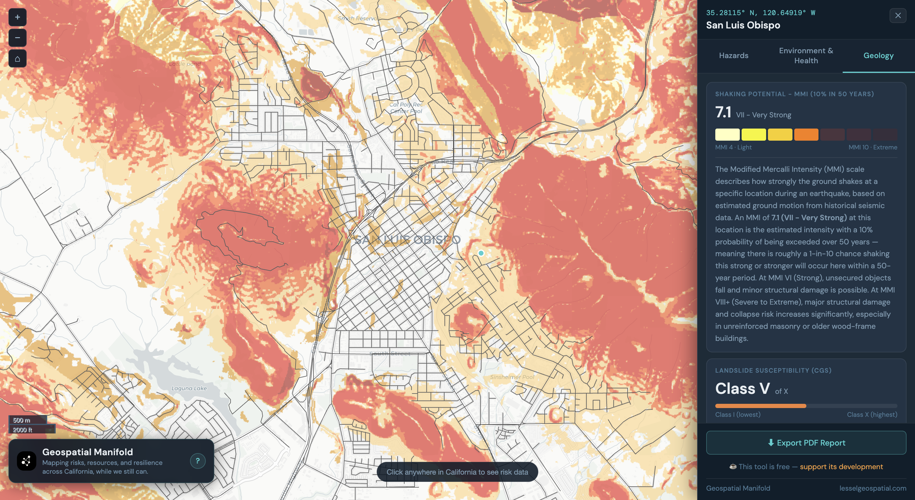 Geospatial Manifold — seismic hazard map of San Luis Obispo