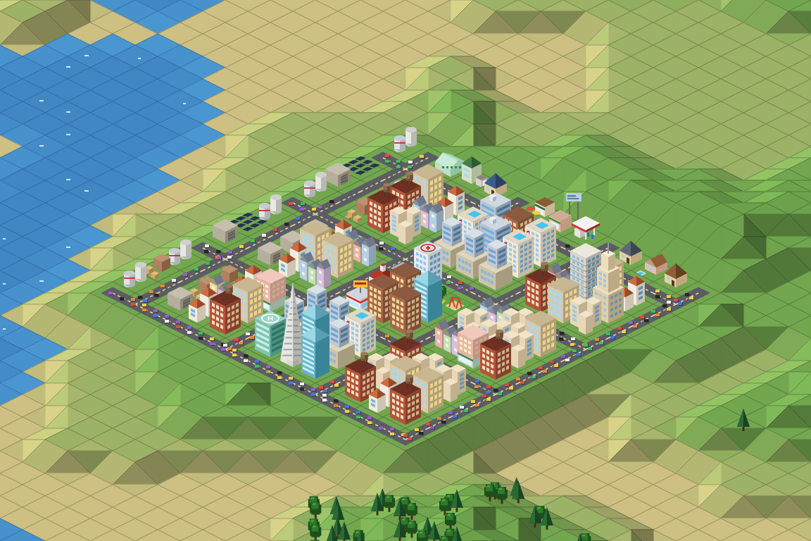 Terrain Flux: a SimCity 2000-style town on the Morro Bay coast, built on real SRTM elevation