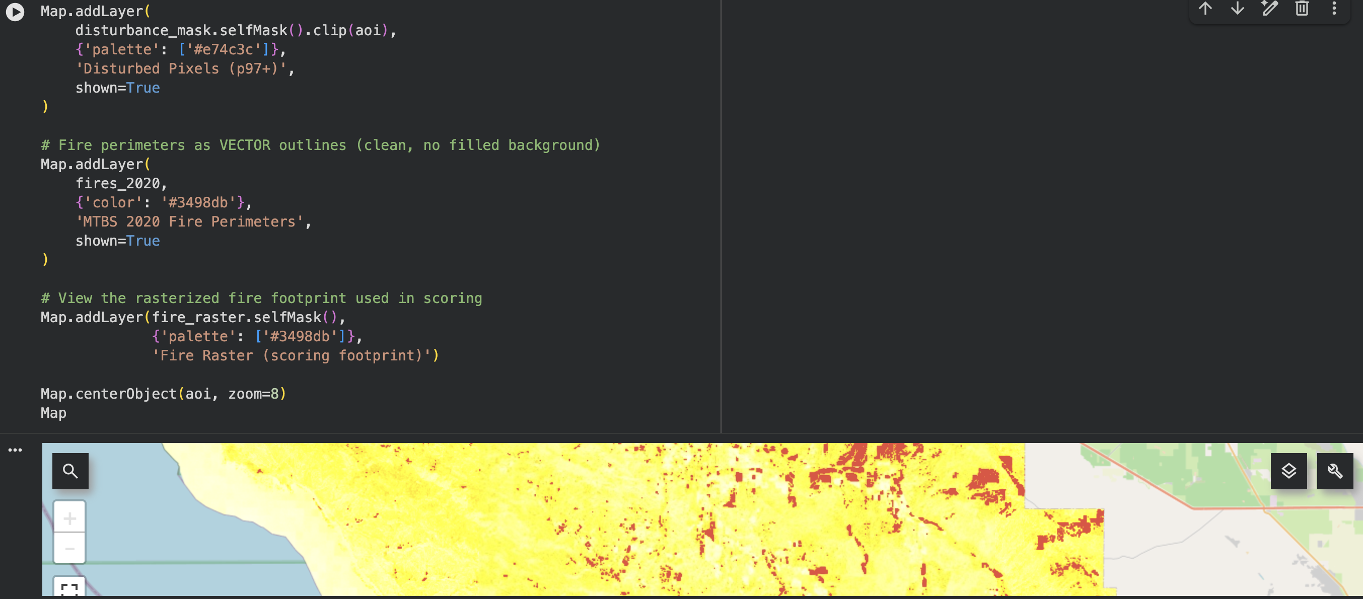 Partial image of Verdant Drift code and disturbance map.
